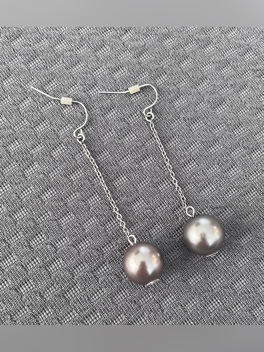 Grey Faux Pearl Drop Chain Dangle Earrings Silver Tone Fish Hook